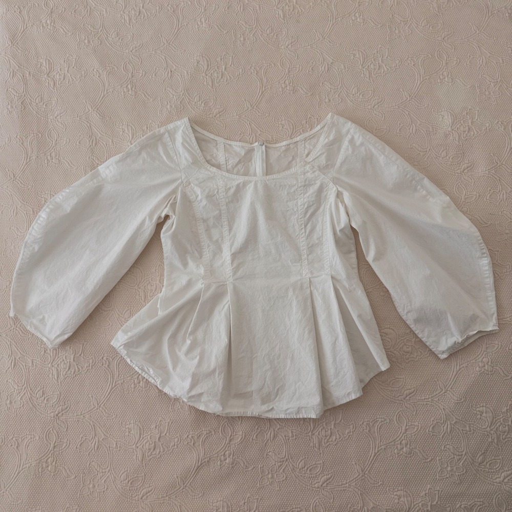 Sea New York White Cotton Lantern Sleeve Square Neck Pintuck Cropped Top Blouse